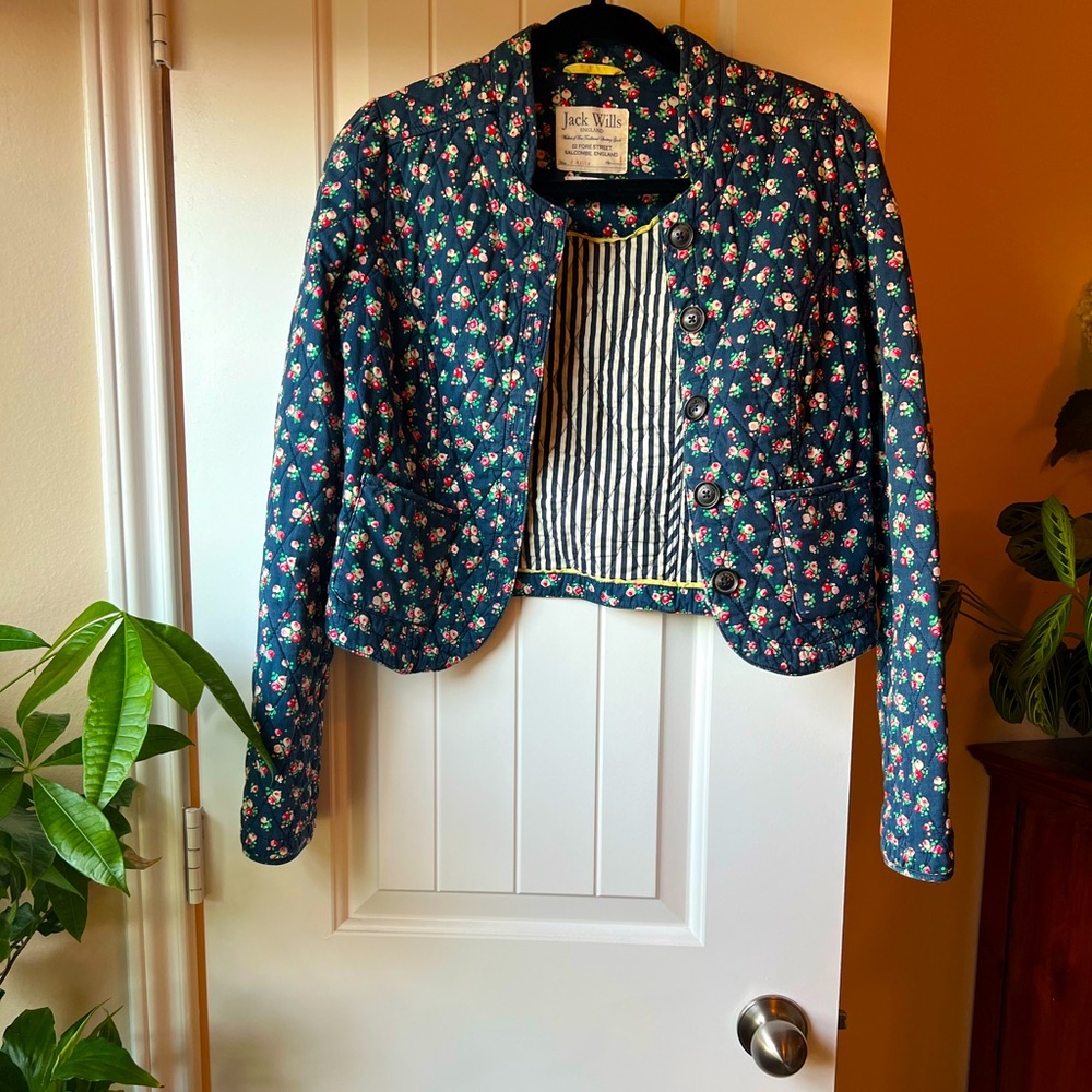 Vintage Jack Willis Blue and Floral Quilted Button-Up Jacket, Size XXS-XS